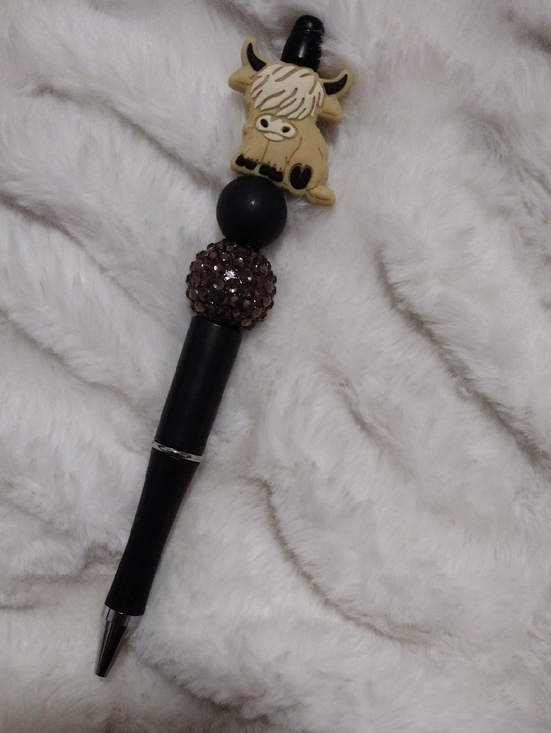 Handcrafted Other - Cute Highland Cow Beaded Ballpoint Pen - Black & Gold